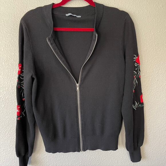 Octavia Embroidered Floral Zip Front Black Women's Long Sleeve Cardigan Jacket M - Picture 2 of 8